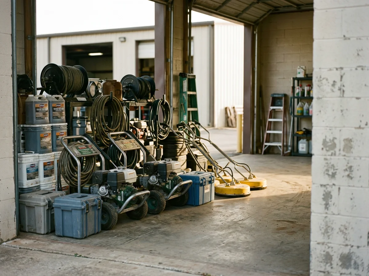 Exterior cleaning equipment and pressure washing tools ready for service work.