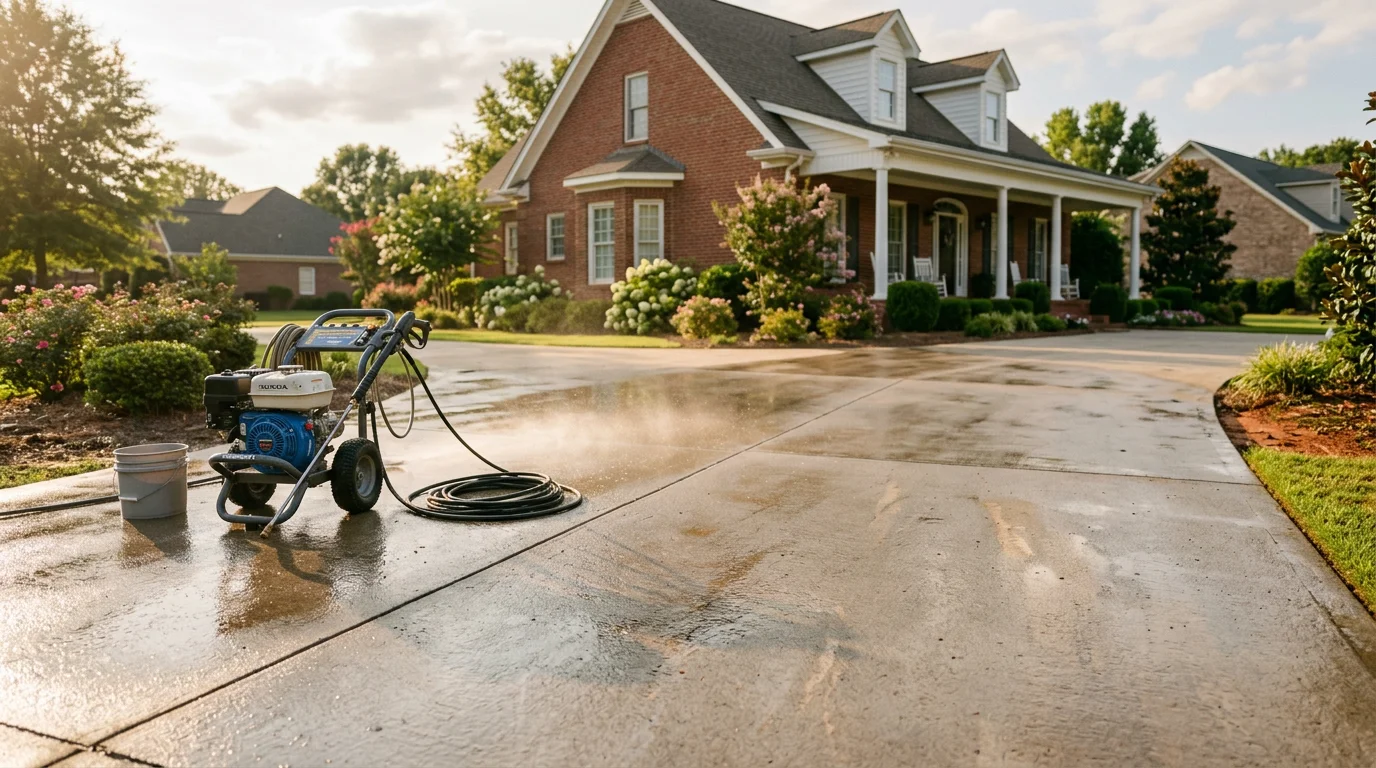Professional pressure washing equipment cleaning a residential driveway