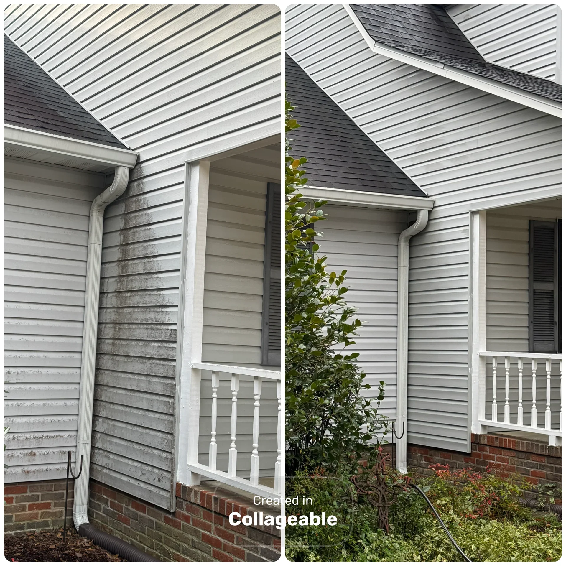 Before and after pressure washing of vinyl siding, metal roof, and brick foundation on residential home