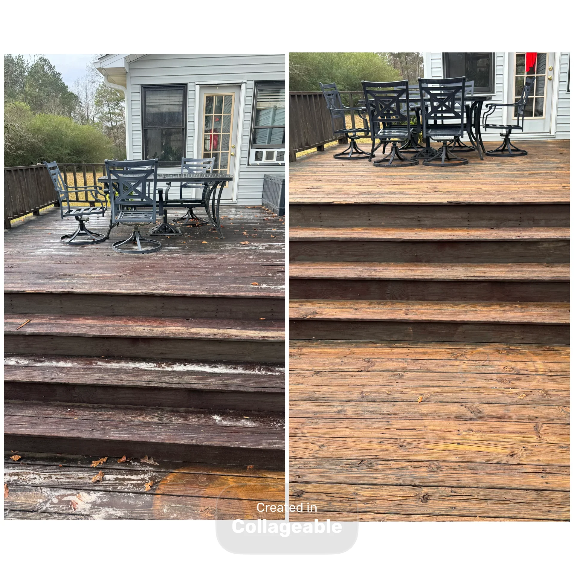 Deck before and after pressure washing, showing removal of mold and discoloration from composite boards and steps