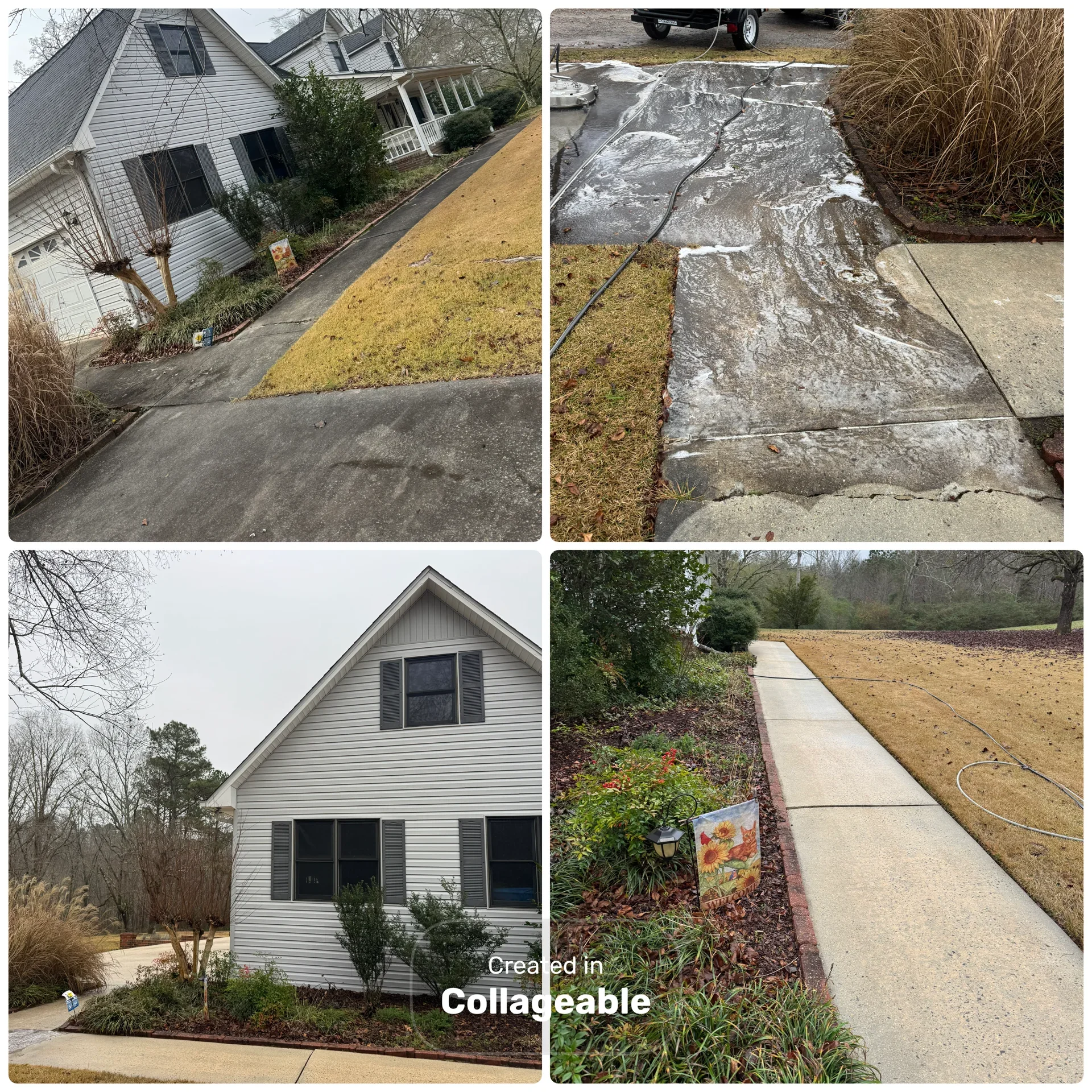 Pressure-washed concrete driveway and walkway with restored gray surface, adjacent landscaping with mulch and plantings