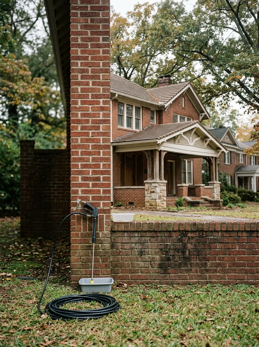 Soft washing treatment applied to the brick exterior of a 1930s Craftsman home in a Birmingham, Alabama historic neighborhood, clearing algae from shaded mortar joints.