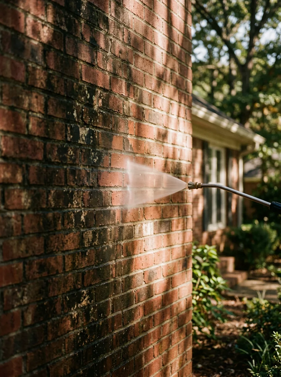 Close-up of a soft washing wand treating algae-streaked brick siding on an established Cullman, Alabama home with mature tree canopy overhead.