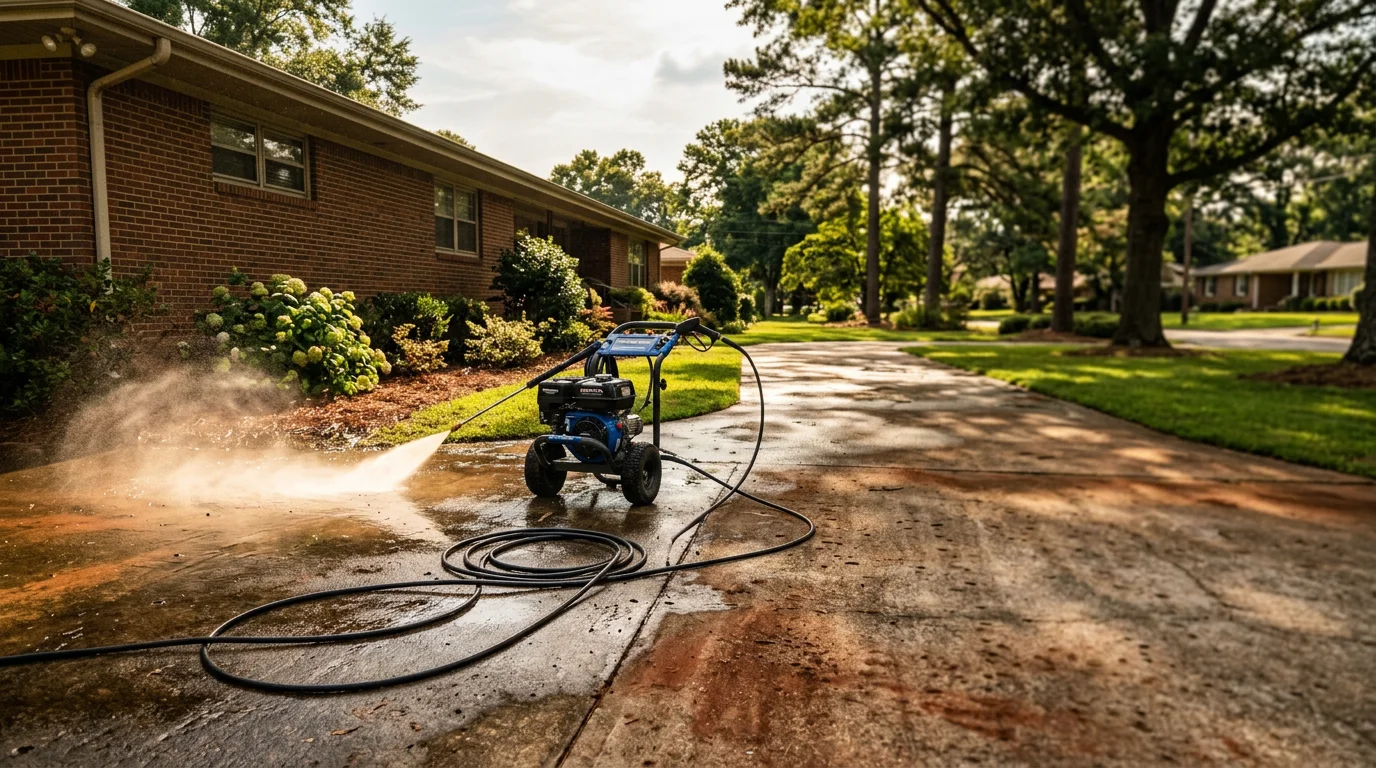 A pressure washing technician cleaning a mid-century brick ranch driveway in Cullman, Alabama, removing red clay staining and algae buildup from the concrete surface.