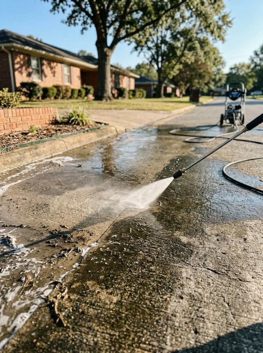 Pressure washing a concrete driveway in an established Decatur, Alabama neighborhood, clearing algae and organic staining from a flat surface with slow drainage.