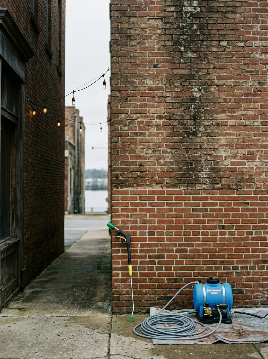 Soft washing treatment applied to aged brick masonry on a historic building in downtown Gadsden, Alabama, near the Coosa River, clearing algae from mortar joints.