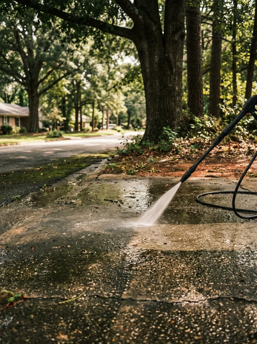 Pressure washing a concrete driveway under a heavy tree canopy in an established Gardendale, Alabama neighborhood, removing pollen film and algae from the shaded surface.