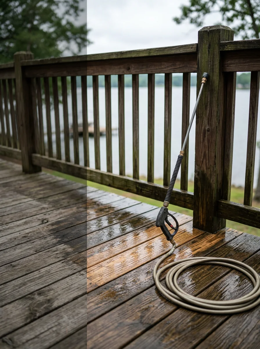 Soft washing treatment applied to the wood decking of a lakefront home on Lake Guntersville, Alabama, clearing algae growth from moisture-exposed boards.