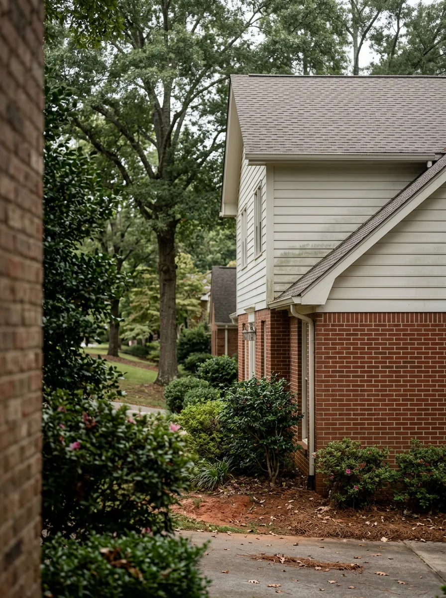 Soft washing applied to the siding of a traditional home on a shaded hillside lot in Bluff Park, Hoover, Alabama, clearing algae and mildew from a north-facing wall.