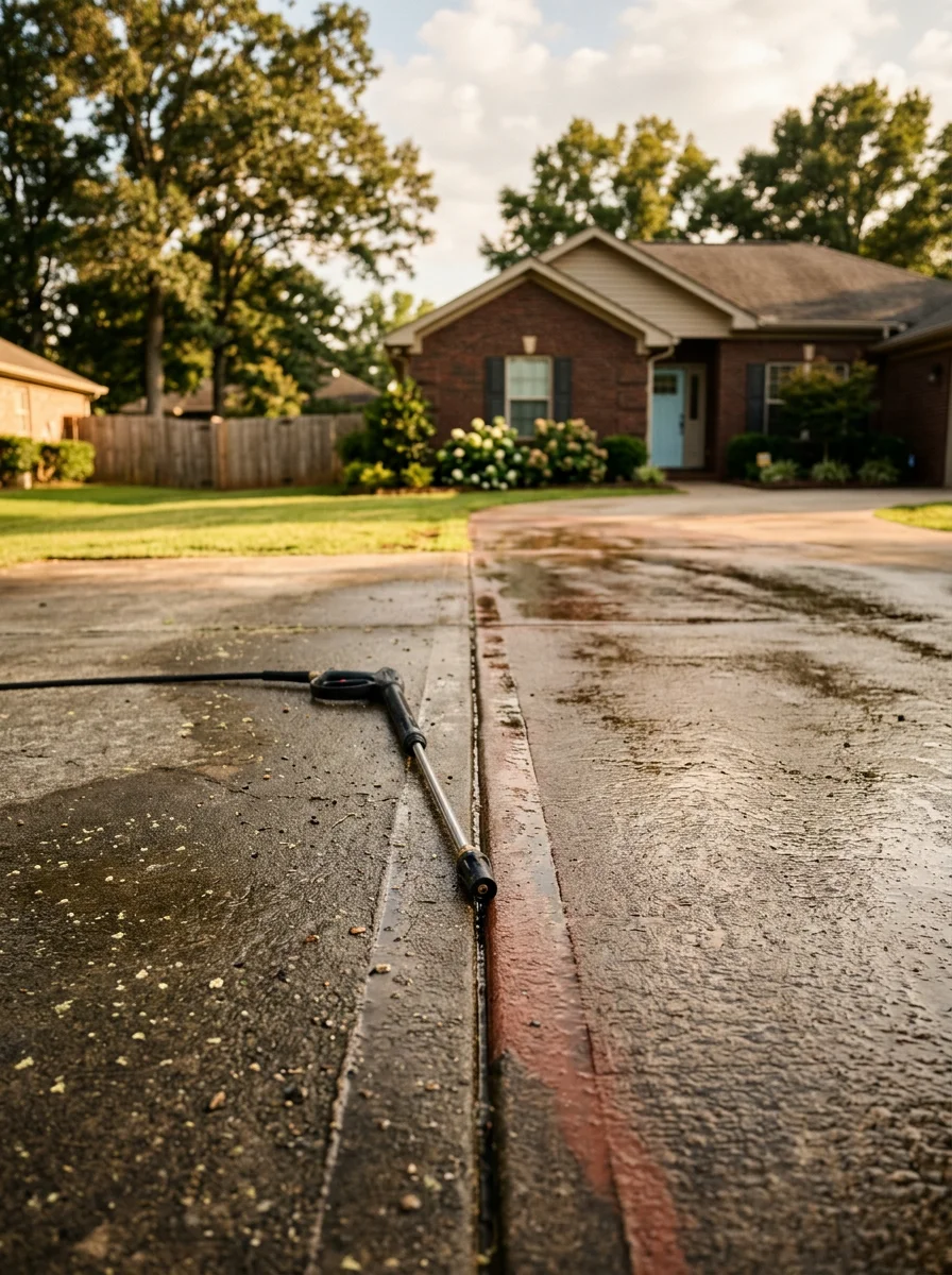 Pressure washing a concrete driveway in a Huntsville, Alabama subdivision, removing pollen film and red clay staining left by afternoon thunderstorms.