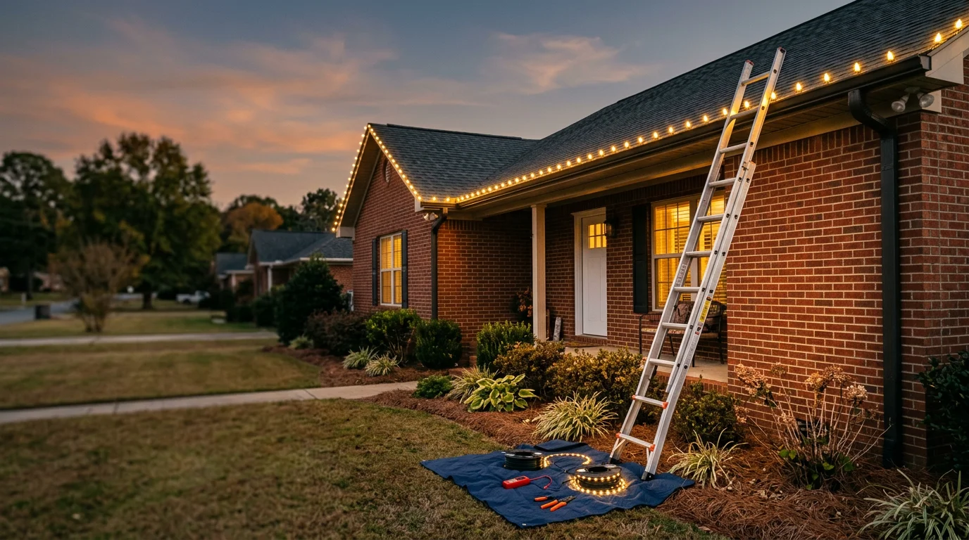 Professional Christmas lighting installation on a residential home in Cullman, Alabama, with lights fitted along the roofline and wrapped around trees in the front yard. The display is photographed at dusk against a North Alabama neighborhood backdrop.