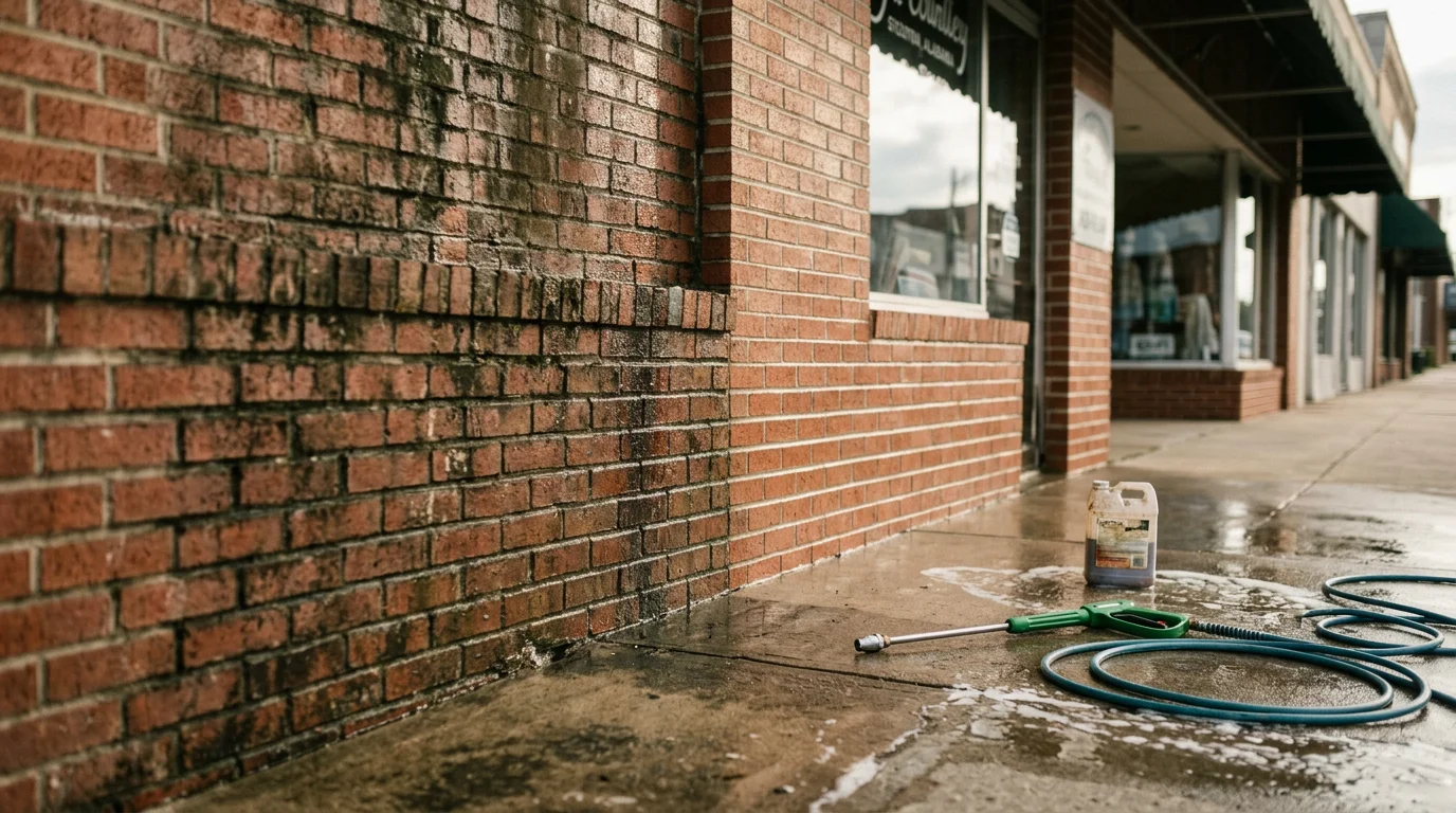 A commercial building exterior in Cullman, Alabama being pressure washed, showing clean concrete walkways and a freshly washed storefront facade with grime and algae removed.
