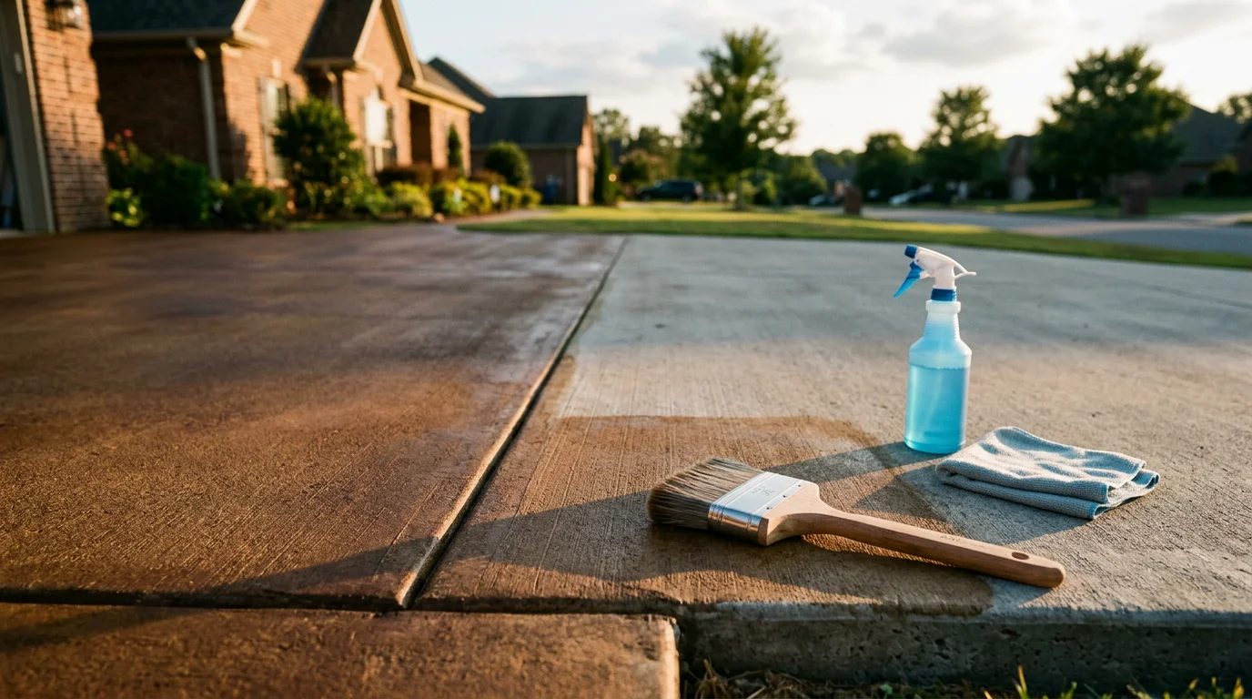 Freshly stained concrete patio with rich earth-tone color on a residential home in Cullman, Alabama. The surface shows even color penetration across the full slab with clean edges along the lawn border.