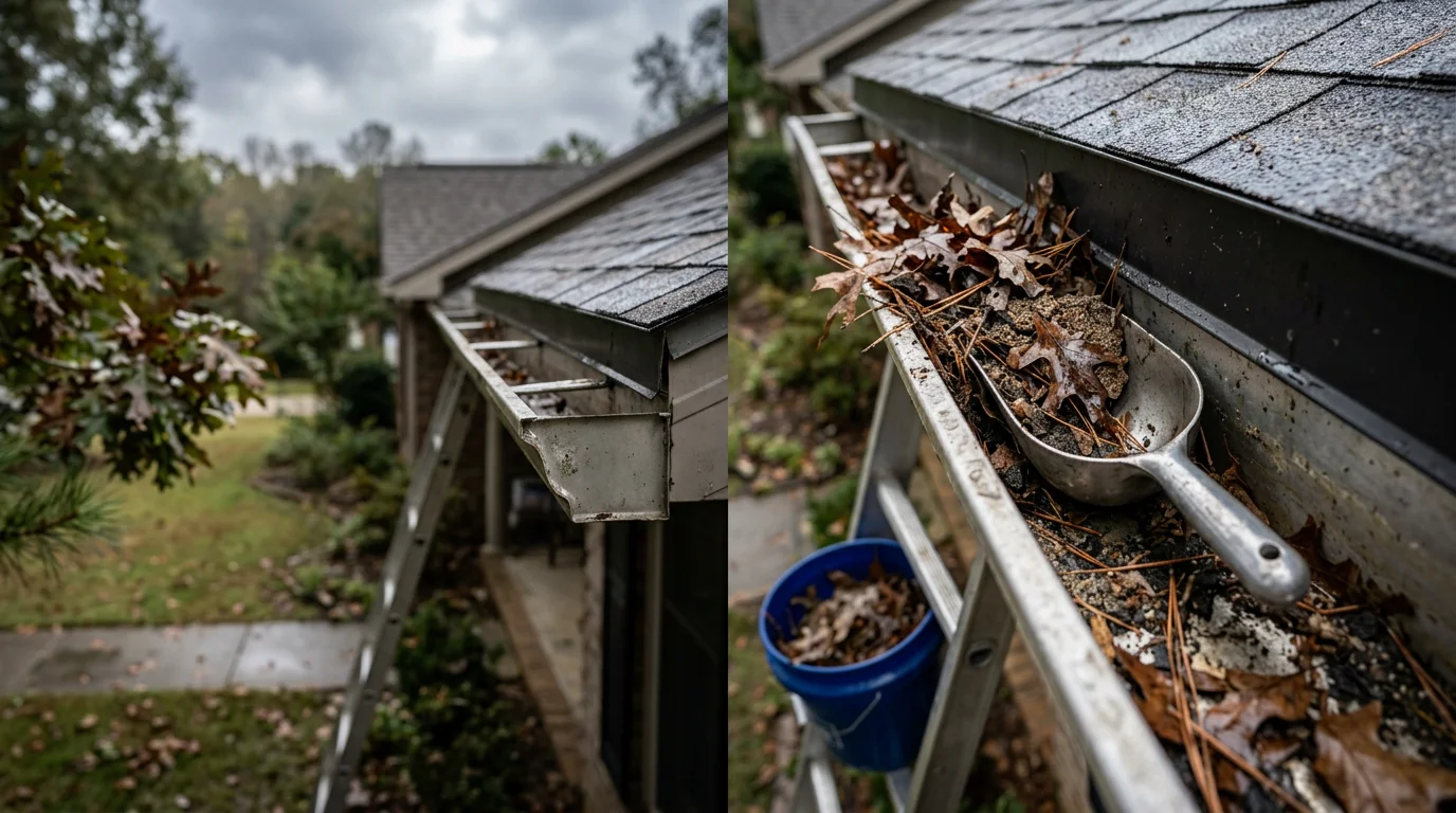 Close-up view of a residential gutter packed with wet leaves, pine needles, and storm debris being cleared by hand in Cullman, Alabama. The downspout and trough are visible with organic buildup removed and the channel restored to open flow.