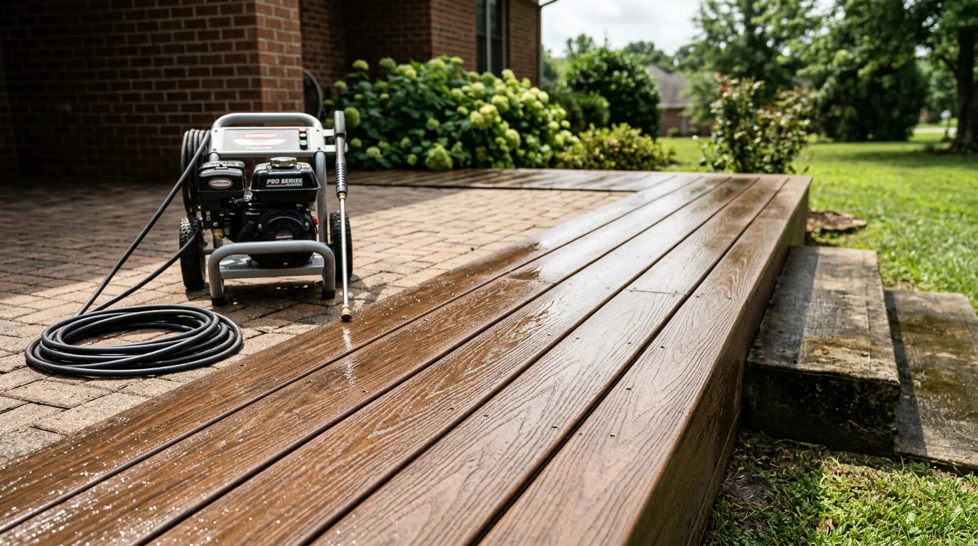 A wood deck in Cullman, Alabama after professional pressure washing, showing clean boards free of green algae and dark mold staining. A concrete patio section in the background reflects the same cleaned result under bright Alabama sunlight.