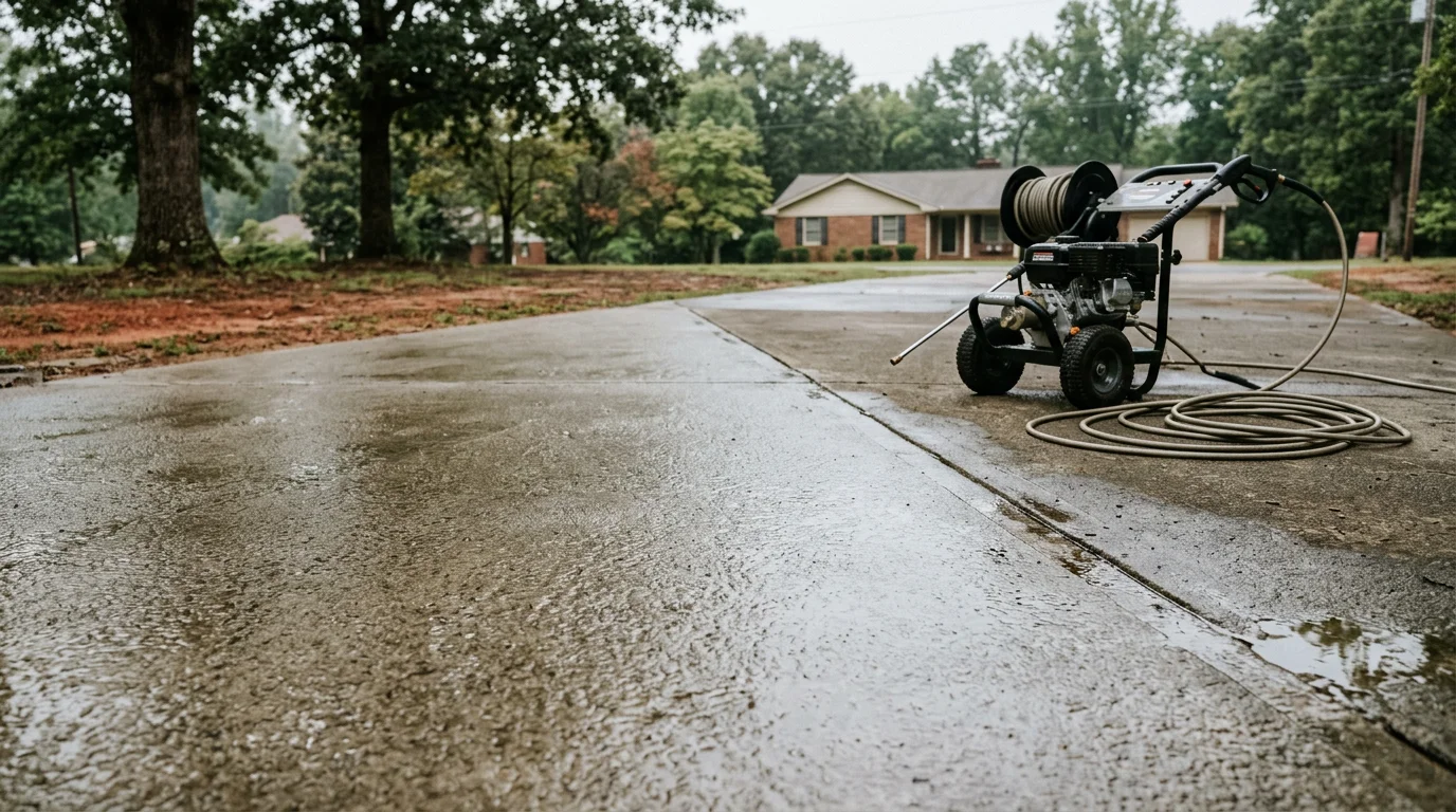 A concrete driveway in Cullman, Alabama shown before and after professional pressure washing, with dark mildew and oil stains fully removed from the surface. The cleaned concrete appears several shades lighter with no streaking or residue remaining.