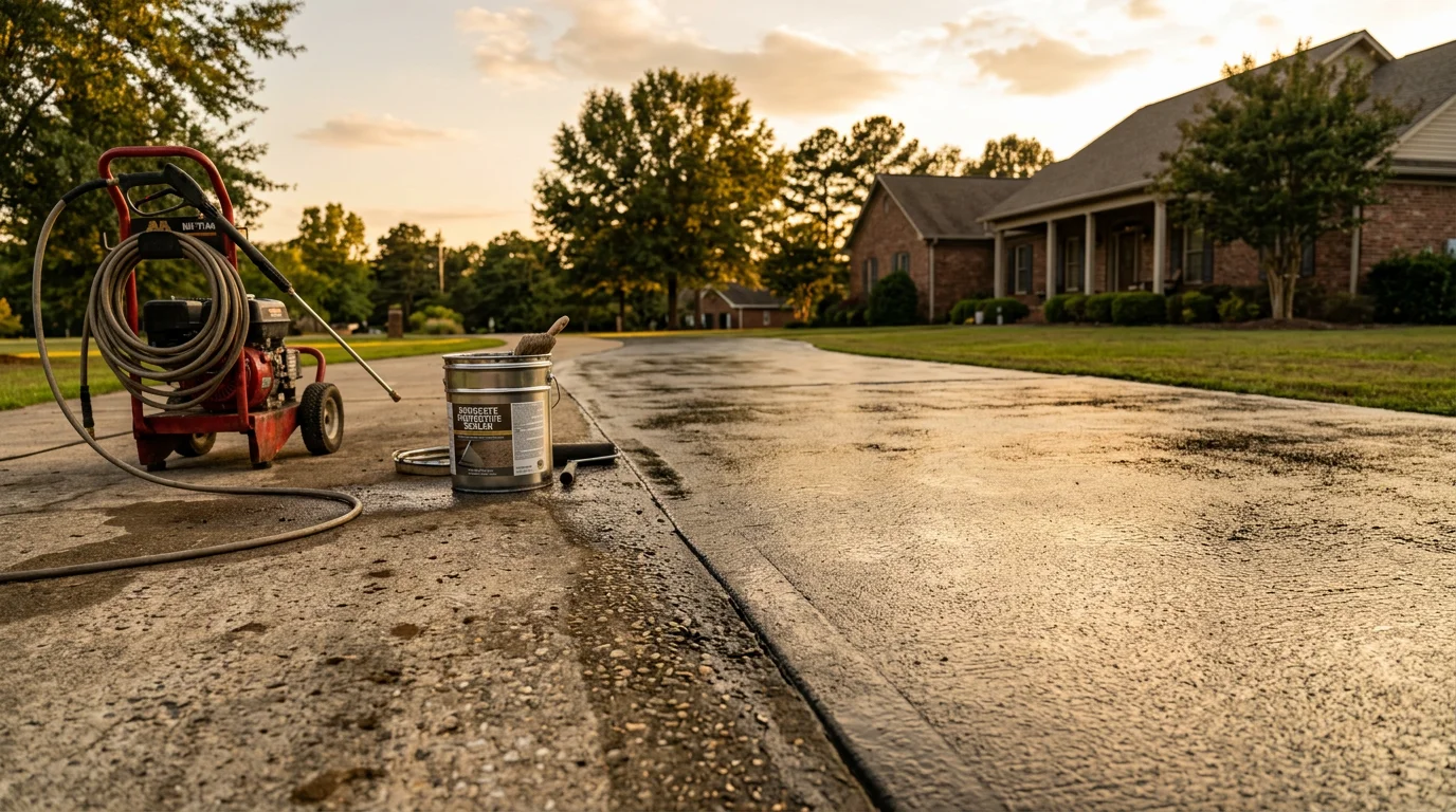 A freshly sealed concrete driveway at a residential home in Cullman, Alabama, showing a clean, uniform dark surface with crisp edges along the lawn. The sealed finish reflects light evenly with no visible cracks or staining.