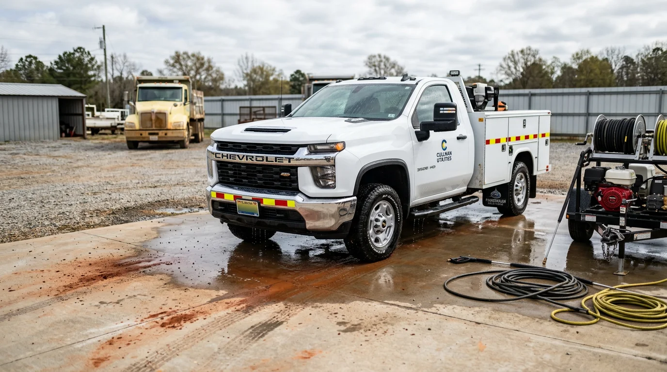 A clean commercial work truck parked at a business yard in Cullman, Alabama after a professional fleet washing service. The exterior panels and cab are free of road grime and diesel residue.