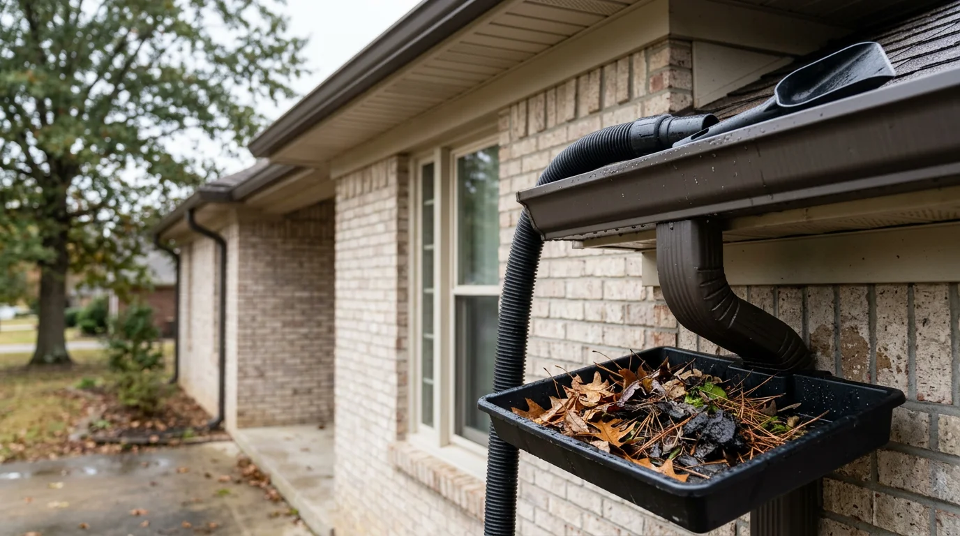A gutter along the roofline of a residential home in Cullman, Alabama packed with leaves, pine needles, and storm debris before professional cleaning. The downspout is visibly blocked, showing why regular gutter cleaning matters for North Alabama homeowners.