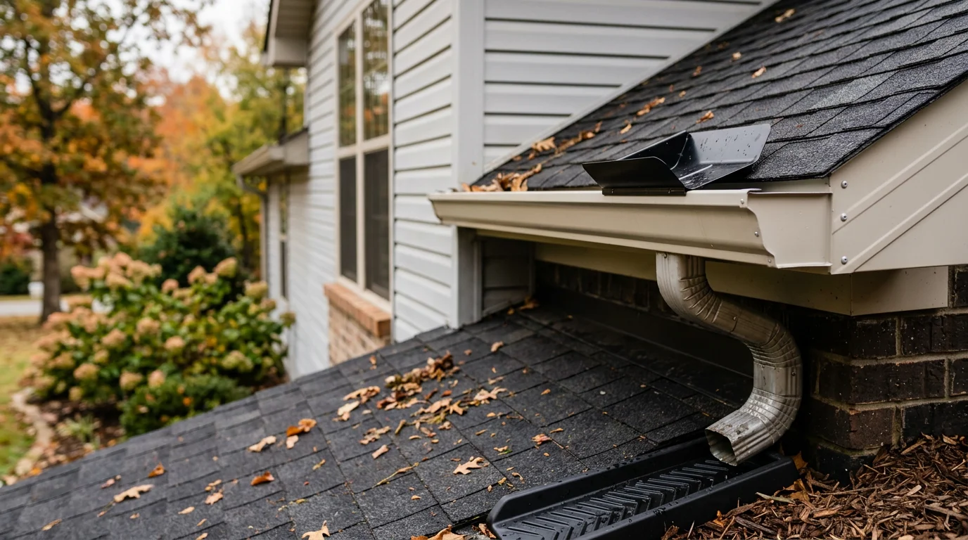 A residential gutter in Cullman, Alabama packed with fallen oak and sweetgum leaves being cleared by a service technician. The surrounding yard shows a heavy layer of fall leaves collected and ready for removal.