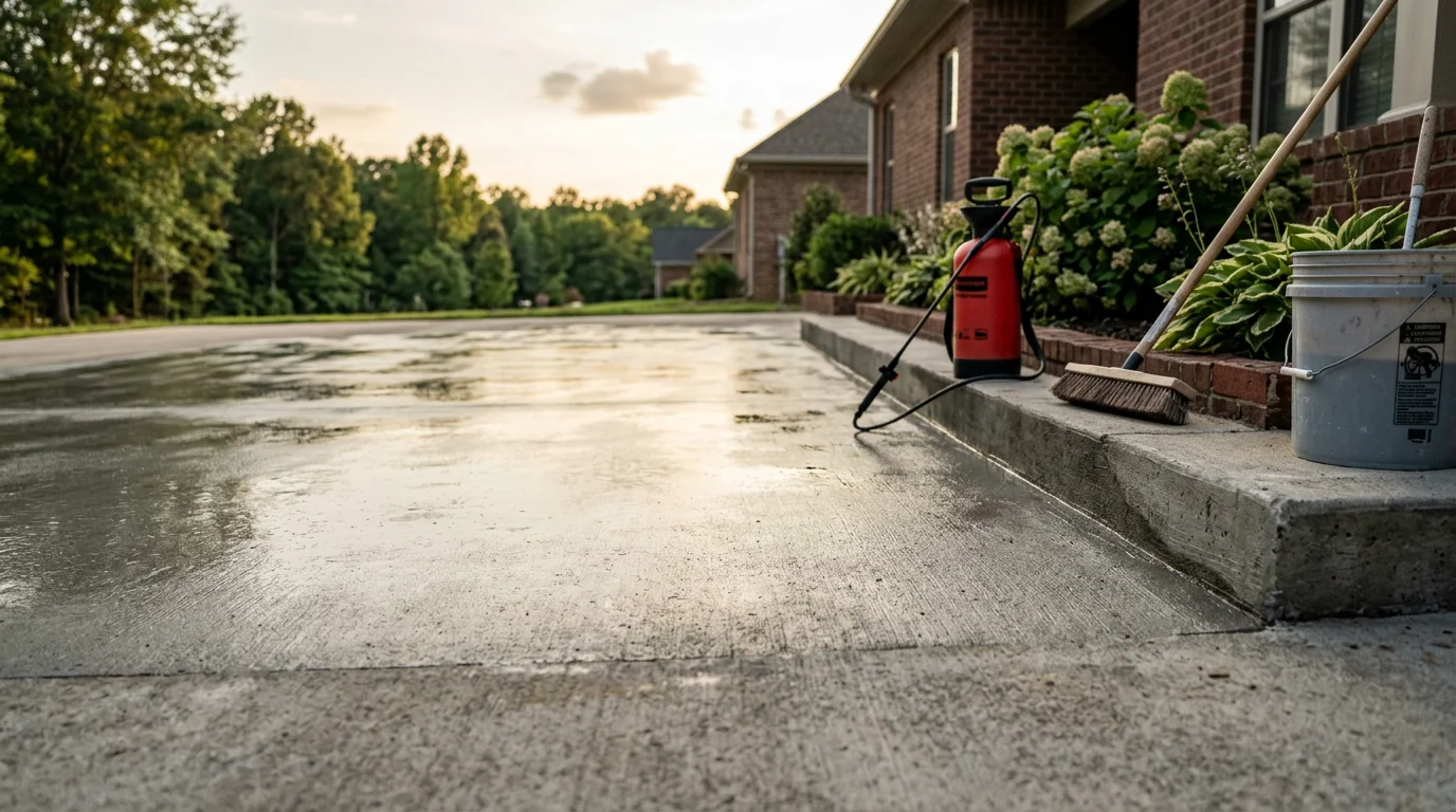 A freshly sealed concrete patio behind a residential home in Cullman, Alabama, with a clean, even surface showing a slight sheen from the applied sealer. The patio is surrounded by a backyard lawn under a clear summer sky.