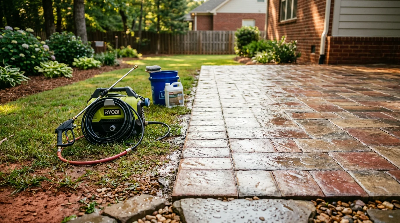 Freshly sealed brick pavers on a residential driveway in Cullman, Alabama, showing a clean, even surface with defined joint lines. The sealed pavers display rich, uniform color under bright Alabama sunlight.