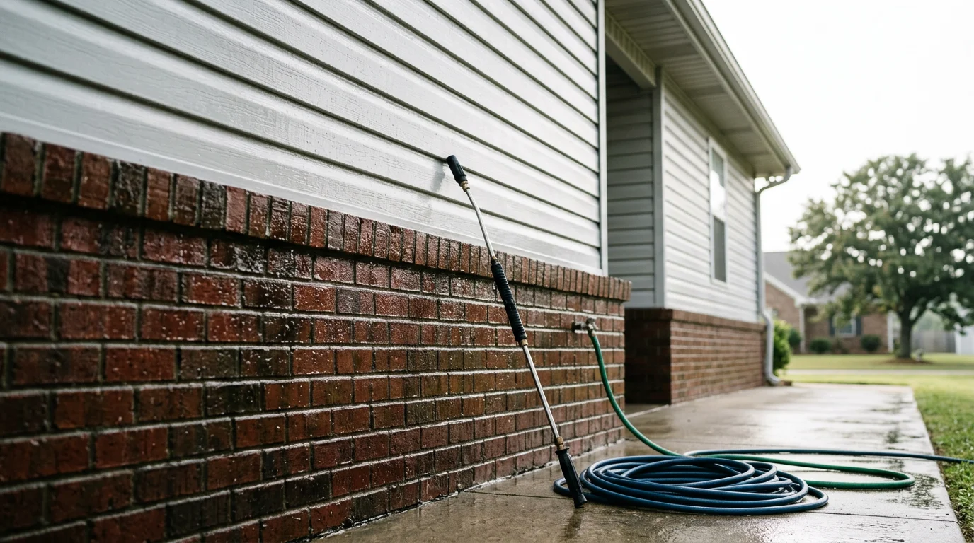 A residential home exterior in Cullman, Alabama being pressure washed, showing clean siding and a cleared walkway with mold and grime visibly removed from the surface.