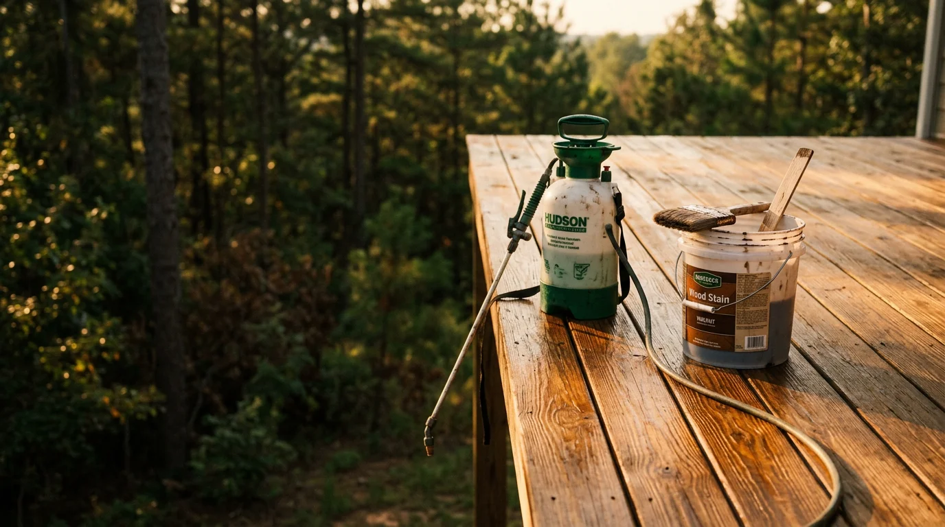 A freshly stained wooden deck with even, rich color on a residential property in Cullman, Alabama. The deck boards show clean grain and consistent tone after professional wood staining service.