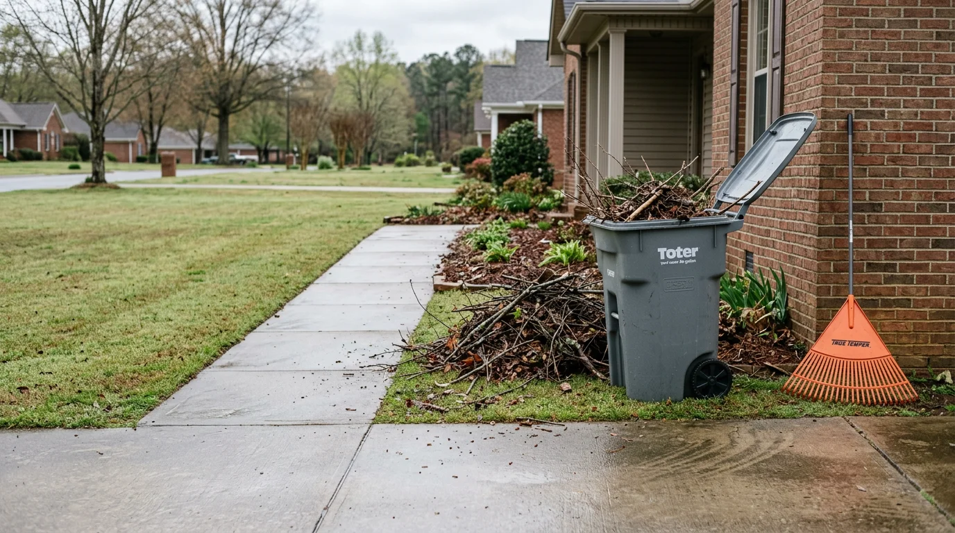 A tidy residential yard in Cullman, Alabama after a full cleanup, with cleared lawn areas, trimmed shrubs, and a debris-free driveway. Bagged yard waste is staged at the curb ready for removal.